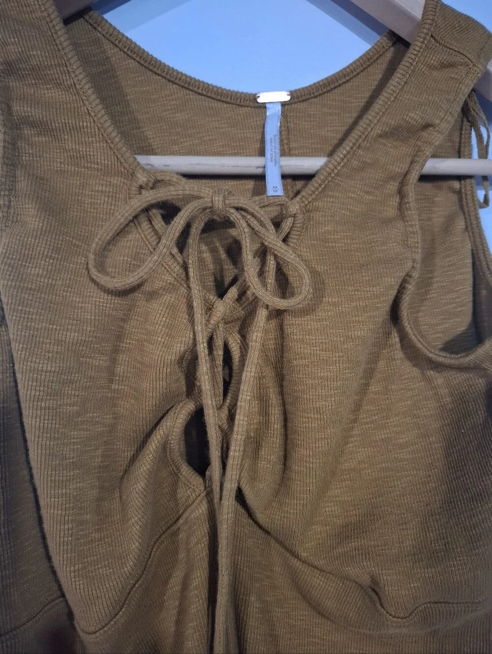 Free People Lace-Up Ribbed Tank Top - Rust Brown Sz M Babydoll Boho